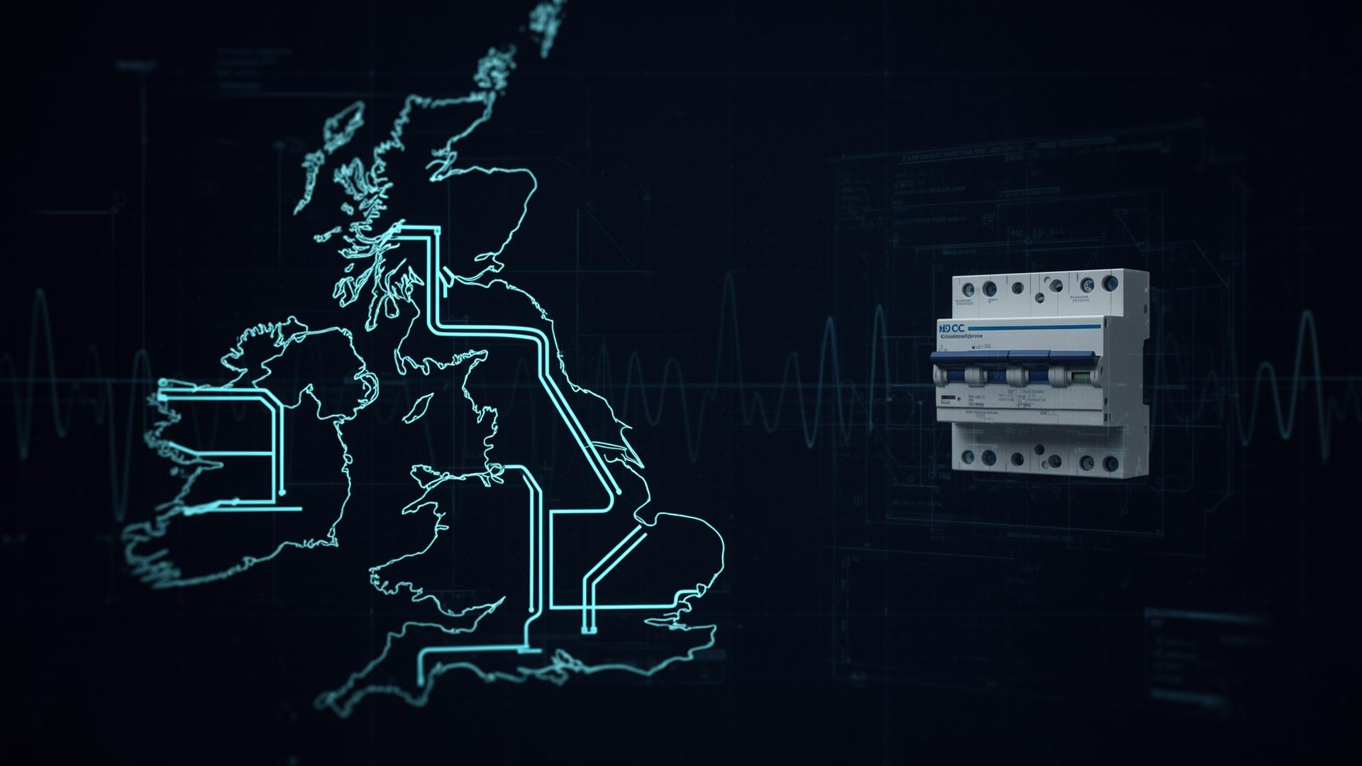 Stylised UK electrical circuit diagram with MCB and waveform overlay